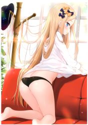 Rule 34 | 1girl, abigail williams (fate), absurdres, ass, backlighting, bare legs, barefoot, black bow, black hat, black panties, blonde hair, blue eyes, blush, bow, butt crack, couch, day, fate/grand order, fate (series), hair bow, hat, highres, indoors, kneeling, lens flare, long hair, long sleeves, looking at viewer, looking back, no pants, non-web source, on couch, orange bow, panties, parted bangs, parted lips, polka dot, polka dot bow, profile, scan, shirt, soles, solo, sunlight, underwear, unworn hat, unworn headwear, very long hair, white shirt, window, yano mitsuki (nanairo)