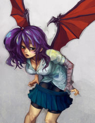 Rule 34 | 1girl, bat wings, bike shorts, black eyes, breasts, cleavage, clothes pull, large breasts, original, purple hair, shibairo, side ponytail, skirt, skirt pull, solo, undressing, wings