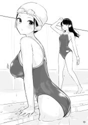 Rule 34 | 2girls, absurdres, arm support, breasts, competition school swimsuit, goggles, goggles on head, greyscale, highres, large breasts, mole, mole under eye, monochrome, multiple girls, original, pool, school swimsuit, swim cap, swimsuit, takenoko no you, wet