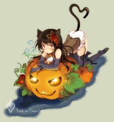 Rule 34 | 1girl, animal ears, bad id, bad pixiv id, bent over, black hair, black thighhighs, cat ears, cat tail, elbow gloves, english text, gloves, glowing, green background, halloween, heart, heart tail, jack-o&#039;-lantern, kneeling, long hair, original, pan (mimi), plant, pumpkin, solo, tail, thigh strap, thighhighs, trick or treat