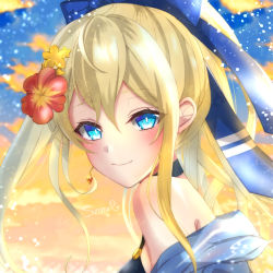 Rule 34 | 1girl, airis (shironeko project), bikini, black bikini, blonde hair, blue bow, blue eyes, blurry, blurry background, bow, choker, closed mouth, earrings, floating hair, flower, hair between eyes, hair bow, hair flower, hair ornament, hibiscus, highres, jewelry, long hair, looking at viewer, luxunshangxiang, portrait, red flower, shironeko project, sidelocks, sky, smile, solo, swimsuit, yellow flower, yellow sky