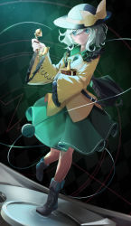 Rule 34 | 1girl, black footwear, black hat, bow, closed mouth, full body, green eyes, green hair, green skirt, hat, hat bow, highres, holding, holding phone, komeiji koishi, l neconeco l, long sleeves, looking at viewer, phone, shirt, short hair, skirt, smile, solo, third eye, touhou, wide sleeves, yellow bow, yellow shirt