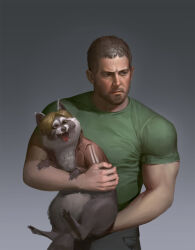 Rule 34 | 2boys, absurdres, animal, animalization, bara, black hair, black pants, blue eyes, brown hair, brown jacket, chris redfield, closed mouth, facial hair, gradient background, green shirt, highres, holding, holding animal, jacket, large pectorals, leon s. kennedy, male focus, multiple boys, muscular, muscular male, open clothes, open jacket, pants, pectorals, raccoon, resident evil, sgl08, shirt, short hair