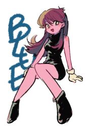 Rule 34 | 1girl, :d, bare arms, bare legs, black dress, black footwear, boots, bright pupils, brown hair, commentary request, creatures (company), dress, full body, game freak, gloves, green (pokemon), grey eyes, hair behind ear, happy, highres, long hair, looking down, nintendo, ok ko19, open mouth, pokemon, pokemon adventures, short dress, sidelocks, sleeveless, sleeveless dress, smile, solo, white background, white pupils