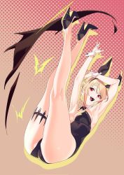 Rule 34 | 1girl, :d, animal ears, armpits, arms up, black leotard, blonde hair, commentary request, detached collar, dotted background, fake animal ears, fangs, full body, hairband, henken, high heels, highres, leotard, looking at viewer, open mouth, original, pink background, playboy bunny, red eyes, sienna (henken), skindentation, slit pupils, smile, solo, thigh strap, two-tone background, vampire, wrist cuffs