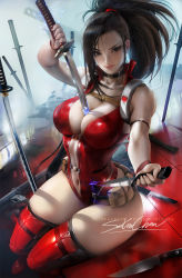 Rule 34 | 10s, 1girl, artist name, between breasts, black eyes, black hair, boku no hero academia, breasts, center opening, choker, cleavage, closed mouth, female focus, gun, high ponytail, highres, holding, holding knife, holding sword, holding weapon, human scabbard, katana, knife, large breasts, leotard, lips, long hair, looking at viewer, matching hair/eyes, midriff, navel, patreon username, ponytail, pouch, red leotard, red thighhighs, sakimichan, shiny skin, signature, sitting, skindentation, smile, solo, sword, thighhighs, thighs, watermark, weapon, web address, yaoyorozu momo