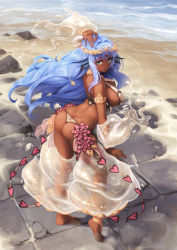 Rule 34 | 1girl, anklet, apsara (monster girl encyclopedia), arched back, arm up, armlet, artist name, ass, barbariank, bare shoulders, barefoot, beach, blue hair, blunt bangs, breasts, butt crack, commentary, dancer, dancing, dark-skinned female, dark skin, diadem, dimples of venus, dirty, dirty feet, english commentary, fins, full body, green eyes, harem outfit, harem pants, head fins, heart, highres, jewelry, large breasts, liquid clothes, long hair, looking at viewer, monster girl encyclopedia, monster girl encyclopedia ii, ocean, outdoors, pants, parted lips, sand, sideboob, solo, thong, very long hair, water