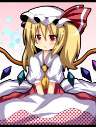 Rule 34 | 1girl, ascot, bad id, bad pixiv id, bed sheet, blonde hair, blouse, collared shirt, embodiment of scarlet devil, female focus, flandre scarlet, gradient background, hair between eyes, hat, letterboxed, mob cap, red eyes, shinekalta, shirt, side ponytail, sitting, solo, touhou, white hat, white shirt, wings