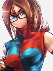 Rule 34 | 1girl, alternate hairstyle, android 21, bare shoulders, black-framed eyewear, black nails, blue eyes, breasts, brown hair, checkered clothes, checkered dress, closed mouth, collarbone, commentary request, detached sleeves, dragon ball, dragon ball fighterz, dress, earrings, expressionless, glasses, high ponytail, hoop earrings, jewelry, kemachiku, long hair, medium breasts, nail polish, ponytail, sleeveless, sleeveless dress, solo, two-tone dress