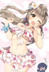 Rule 34 | &gt; &lt;, 10s, 2girls, bikini, blue hair, breasts, brown eyes, brown hair, cleavage, commentary request, closed eyes, flower, hair flower, hair ornament, jewelry, large breasts, long hair, love live!, love live! school idol festival, love live! school idol project, micopp, minami kotori, multiple girls, navel, necklace, one eye closed, one side up, open mouth, orange hair, smile, sonoda umi, standing, swimsuit, translation request, underboob, white bikini