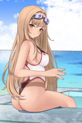 Rule 34 | 1girl, ass, blue sky, cloud, commentary request, day, foguma, goddess of victory: nikke, goggles, goggles on head, highres, horizon, light brown hair, long hair, looking at viewer, looking back, ocean, one-piece swimsuit, one-piece thong, outdoors, pool, poolside, rapi (classic vacation) (nikke), rapi (nikke), red eyes, sky, solo, swimsuit, two-tone swimsuit, very long hair, wide hips