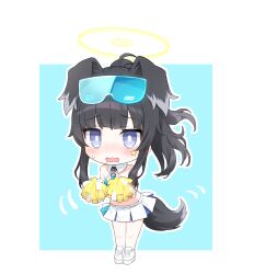 Rule 34 | 1girl, animal ears, bare shoulders, black hair, blue archive, blue background, blush, cheerleader, chibi, crop top, dog ears, dog girl, dog tail, eyewear on head, full body, goggles, goggles on head, halo, hibiki (blue archive), hibiki (cheer squad) (blue archive), highres, holding, holding pom poms, looking at viewer, midriff, millennium cheerleader outfit (blue archive), official alternate costume, open mouth, pom pom (cheerleading), pom poms, ponytail, shoes, skirt, sleeveless, solo, standing, sticker on face, tail, white skirt, yada (xxxadaman), yellow halo