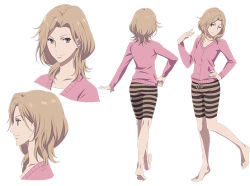Rule 34 | 10s, 1girl, barefoot, blonde hair, brown eyes, cardigan, character profile, character sheet, ear piercing, earrings, from behind, full body, hanasaku iroha, hand on own hip, jewelry, light smile, matsumae satsuki, multiple views, non-web source, official art, piercing, profile, simple background, stud earrings, upper body, walking, white background