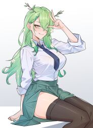 Rule 34 | 1girl, absurdres, alternate costume, antlers, black thighhighs, blue necktie, blush, braid, braided bangs, breasts, ceres fauna, closed mouth, collared shirt, flower, green hair, green nails, green skirt, gyaru, hair between eyes, hair flower, hair ornament, hand up, highres, hololive, hololive english, horns, jewelry, large breasts, long hair, long sleeves, looking at viewer, mole, mole under eye, multicolored hair, multiple piercings, nail polish, necktie, nokaa aru, pleated skirt, shirt, simple background, single braid, sitting, skirt, smile, solo, stick, thighhighs, thighs, v, very long hair, virtual youtuber, white background, white flower, white shirt, yellow eyes