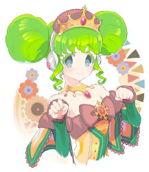 Rule 34 | 1girl, bare shoulders, bow, breasts, brown flower, capelet, closed mouth, colored eyelashes, commentary request, cropped torso, double bun, falulu, floral background, flower, fur-trimmed capelet, fur trim, gem, gold necklace, gold trim, green hair, grey eyes, hair bun, hands up, headphones, jewelry, looking at viewer, moudoku (decopon3rd), necklace, pretty series, pripara, red bow, red flower, red gemstone, short hair, sidelocks, small breasts, smile, solo, tiara, twintails, upper body, white background