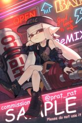 Rule 34 | 1girl, artist name, black footwear, black hat, black shirt, closed mouth, commentary request, commission, crossed legs, dangle earrings, earrings, english text, full body, hat, highres, hydra splatling (splatoon), inkling, inkling girl, inkling player character, jacket, jewelry, long hair, neon lights, nintendo, open clothes, open jacket, pointy ears, prat rat, print headwear, print shirt, red eyes, shirt, shoes, sitting, sleeveless, sleeveless shirt, solo, splatoon (series), splatoon 3, tentacle hair, twitter username, visor cap, watermark, white hair