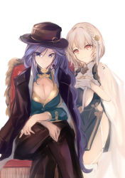 Rule 34 | 2girls, absurdres, azur lane, biloxi (azur lane), biloxi (dapper gangstress) (azur lane), black coat, braid, breast curtains, breasts, china dress, chinese clothes, cleavage, coat, dress, garter straps, gloves, hair between eyes, hair ornament, hair over one eye, hair over shoulder, half gloves, hand on own chest, hat, highres, large breasts, long braid, long hair, looking at viewer, medium hair, multiple girls, open clothes, open coat, pelvic curtain, purple eyes, purple hair, red eyes, revealing clothes, see-through sleeves, see-through, shika (shika0), side braid, single braid, sirius (azur lane), sirius (azure horizons) (azur lane), skindentation, smile, very long hair, white gloves, white hair, white legwear