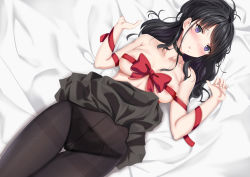 Rule 34 | 1girl, absurdres, areola slip, bed sheet, black bow, black choker, black hair, black panties, black pantyhose, black skirt, blush, bow, bow panties, breasts, breasts apart, choker, clothes lift, collarbone, commentary request, crotch seam, gusset, haruto (nyannzou789), highres, lace, lace-trimmed panties, lace trim, long hair, looking at viewer, lying, medium breasts, mole, mole under mouth, on back, on bed, original, panties, pantyhose, parted lips, purple eyes, red bow, sheet grab, skirt, skirt lift, solo, swept bangs, thigh gap, topless, underwear, upskirt