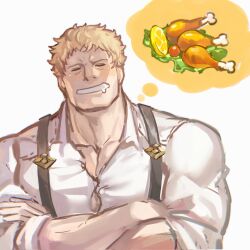 Rule 34 | 1boy, blonde hair, blush, bursting pectorals, collared shirt, crossed arms, drooling, fire emblem, food, highres, imagining, large pectorals, male focus, mature male, meat, mouth drool, muscular, muscular male, nintendo, pectoral cleavage, pectorals, raphael kirsten, sdz (inazuma), shirt, short hair, sideburns, solo, suspenders, thick eyebrows, upper body