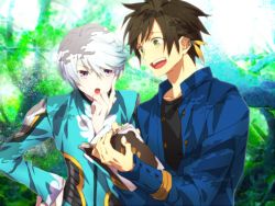 Rule 34 | 10s, 2boys, bad id, bad pixiv id, bishounen, book, brown hair, forest, green eyes, hinotta, male focus, mikleo (tales), multiple boys, nature, open mouth, purple eyes, short hair, smile, sorey (tales), tales of (series), tales of zestiria, white hair
