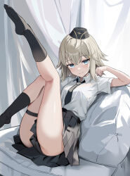 Rule 34 | 1girl, absurdres, black hat, black nails, black necktie, black skirt, black socks, blonde hair, blue eyes, blush, breasts, closed mouth, commentary, commission, crossed bangs, english commentary, fingernails, foot out of frame, garrison cap, girls&#039; frontline, hair ornament, hairclip, hat, hhsan, highres, kneehighs, leg up, legs, looking at viewer, medium breasts, military hat, mp41 (girls&#039; frontline), necktie, no shoes, pillow, pixiv commission, pleated skirt, shirt, short hair, sitting, skindentation, skirt, smile, socks, soles, solo, thigh strap, white shirt