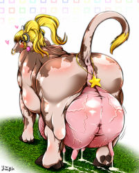 Rule 34 | artist request, ass, blonde hair, breasts, cow, furry, horns, lactation, long hair, nipples, ponytail, red eyes, udder