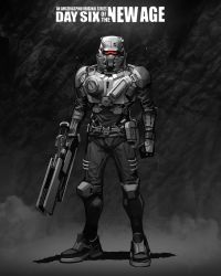Rule 34 | 1boy, armor, clenched hand, commentary, english commentary, gun, highres, holding, holding gun, holding weapon, kamitoge supino, looking at viewer, male focus, monochrome, original, science fiction, solo, spot color, visor, weapon