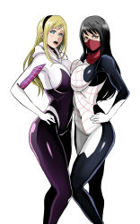 Rule 34 | 2girls, :o, animification, black hair, blonde hair, bodysuit, breast press, breasts, brown eyes, cindy moon, covered navel, gwen stacy, half mask, hand on own hip, highres, hood, hooded bodysuit, hoodie, large breasts, long hair, looking at viewer, marvel, mask, mouth mask, multiple girls, open mouth, shibusun, silk (marvel), simple background, spider-girl, spider-gwen, spider-man (series), standing, symmetrical docking, thighs, white background