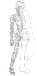 Rule 34 | 1girl, android, arms at sides, boots, detached sleeves, full body, greyscale, hatsune miku, highres, lineart, long hair, looking at viewer, mechanical arms, mechanical hands, mechanical legs, mechanical parts, monochrome, necktie, pleated skirt, robot, simple background, single mechanical arm, single mechanical hand, single mechanical leg, single thigh boot, skirt, solo, standing, sukabu, thigh boots, thighhighs, twintails, very long hair, vest, vocaloid, white background, x-ray