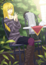Rule 34 | 1girl, bag, blonde hair, blush, boots, chair, coat, cup, handbag, highres, jewelry, juu ho, leaf, long hair, necklace, open mouth, original, own hands together, pantyhose, purple pantyhose, saucer, sitting, smile, solo, steepled fingers, table, teacup, teapot, yellow eyes
