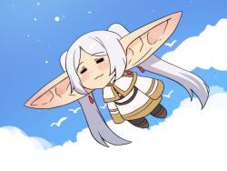 Rule 34 | 1girl, :3, = =, black pantyhose, blue sky, blush, boots, brown footwear, capelet, chibi, closed eyes, cloud, commentary, day, dress, dumbo, flying, frieren, highres, hinghoi, large ears, outdoors, pantyhose, pointy ears, sky, solo, sousou no frieren, twintails, white capelet, white dress, white hair