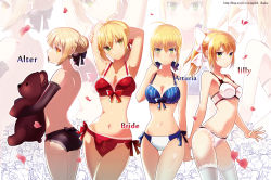 Rule 34 | 10s, 4girls, alternate costume, armpits, arms behind head, arms up, artoria pendragon (all), artoria pendragon (fate), ass, bad id, bad pixiv id, blonde hair, bra, breasts, cleavage, fate/extra, fate/extra ccc, fate/stay night, fate/unlimited codes, fate (series), green eyes, hair ribbon, highres, jeran (ggokd), looking at viewer, midriff, modern drawing style, multiple girls, navel, nero claudius (bride) (fate), nero claudius (fate), nero claudius (fate) (all), nero claudius (fate/extra), no bra, panties, petals, ponytail, ribbon, saber (fate), saber alter, saber lily, shiny skin, smile, stuffed animal, stuffed toy, teddy bear, thigh gap, thighhighs, underwear, underwear only, white legwear, yellow eyes, zoom layer