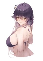 Rule 34 | 1girl, absurdres, azuma (azur lane), azur lane, bikini, black bikini, black hair, blush, breasts, cleavage, cropped torso, floppy ears, flower, from behind, hair between eyes, hair flower, hair ornament, highres, large breasts, long hair, looking at viewer, looking back, open mouth, sea nami, simple background, smile, solo, swimsuit, upper body, white background