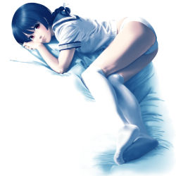 Rule 34 | 1girl, ass, black hair, blouse, braid, feet, hands on own face, head rest, highres, legs, looking at viewer, lying, no pants, on side, on stomach, original, own hands together, panties, ponytail, red eyes, ribbon, school uniform, serafuku, shirt, short hair, single braid, smile, soles, solo, thighhighs, tora tsugumi, underwear, white panties, white shirt, white thighhighs
