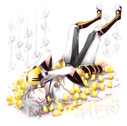 Rule 34 | 10s, 1boy, ^ ^, bird, chick, closed eyes, hood, japanese clothes, lying, male focus, maychain, meme, on back, open mouth, origami, paper crane, petals, simple background, smile, solo, too many, too many birds, too many chicks, touken ranbu, tsurumaru kuninaga, white hair