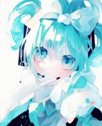 Rule 34 | 1girl, :3, :t, absurdres, aqua eyes, aqua hair, aqua necktie, black nails, black sleeves, blue bow, blue shirt, blush, blush stickers, bow, cinnamiku, cinnamoroll, closed mouth, collared shirt, commentary, creature, detached sleeves, hair bow, hand on own cheek, hand on own face, hands on own cheeks, hands on own face, hatsune miku, head tilt, headset, highres, looking at viewer, matching outfits, nail polish, necktie, ryane (yry 0), sanrio, shirt, signature, solo, tied ears, twitter username, updo, upper body, vocaloid, white background, white bow