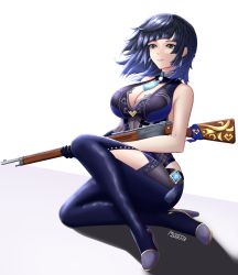 Rule 34 | 1girl, absurdres, artist name, bare shoulders, blue hair, blunt bangs, bolt action, breasts, cleavage, commentary, english commentary, genshin impact, green eyes, grin, gun, high heels, highres, holding, holding gun, holding weapon, large breasts, lebel model 1886, musanix, parted lips, rifle, short hair, signature, sitting, sleeveless, smile, solo, thighs, weapon, white background, yelan (genshin impact)