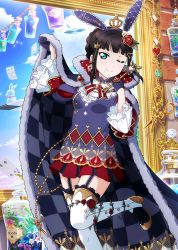 Rule 34 | 1girl, animal ears, black hair, blue sky, blunt bangs, blush, boots, breasts, cape, card, cleavage, crown, day, flower, frills, fur trim, garter straps, green eyes, hair ornament, hairclip, holding, key, kurosawa dia, long hair, looking at viewer, love live!, love live! school idol festival, love live! sunshine!!, medium breasts, mole, mole under mouth, one eye closed, playing card, pleated skirt, puffy sleeves, queen, rabbit ears, rose, skirt, sky, smile, thigh boots, thighhighs