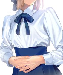 Rule 34 | 1girl, aora, artoria pendragon (all), artoria pendragon (fate), blonde hair, blue ribbon, blue skirt, collared shirt, commentary request, cropped head, cropped legs, fate/stay night, fate (series), long hair, long skirt, long sleeves, own hands together, red ribbon, ribbon, saber (fate), shirt, shirt tucked in, sidelocks, simple background, skirt, solo, standing, white background, white shirt