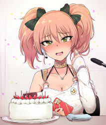 Rule 34 | 10s, 1girl, badge, birthday cake, blush, bow, breasts, button badge, cake, food, fruit, gift, hair bow, idolmaster, idolmaster cinderella girls, jewelry, jougasaki mika, long hair, looking at viewer, microphone, open mouth, pink hair, sian, smile, solo, strawberry, tearing up, tears, tsurime, twintails, whipped cream, yellow eyes
