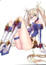 Rule 34 | 1girl, absurdres, armor, bare shoulders, blonde hair, blue eyes, boots, bradamante (fate), bradamante (first ascension) (fate), braid, breasts, crown braid, elbow gloves, fate/grand order, fate (series), faulds, french braid, gloves, grin, highres, katase bono, leotard, long hair, medium breasts, simple background, sitting, smile, solo, thighs, twintails, very long hair, white background, white gloves