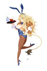 Rule 34 | 1girl, animal ears, ass, blonde hair, blue footwear, blue leotard, blush, bow, bowtie, breasts, brown pantyhose, cleavage, cup, detached collar, disgaea, disgaea rpg, drink, fake animal ears, food, full body, high heels, holding, holding tray, huge breasts, leotard, liezerota, lion tail, long hair, non-web source, official art, open mouth, pantyhose, photoshop (medium), playboy bunny, pointy ears, pumps, rabbit ears, solo, strapless, strapless leotard, tail, transparent background, tray, wrist cuffs, yellow eyes