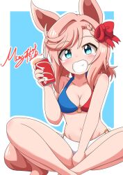 Rule 34 | 1girl, absurdres, animal ears, between legs, blue eyes, breasts, cleavage, coca-cola, collarbone, commentary request, grin, highres, horse ears, horse girl, horse tail, light brown hair, low twintails, matty (matsutomo), medium breasts, navel, ribbon, short twintails, signature, simple background, sitting, smile, solo, tail, twintails, umamusume, venus paques (umamusume)