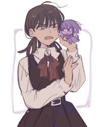 Rule 34 | 2girls, @ @, ahoge, angry, belt, black belt, black dress, black hair, blunt bangs, border, buckle, cheek pinching, chibi, collared shirt, d:, dot nose, dress, grey eyes, hand on own arm, highres, holding, in palm, long hair, long sleeves, looking at another, lower teeth only, machi (uqyjee), mitaka asa, multiple girls, one eye closed, open mouth, outside border, pinching, purple border, scar, scar on face, shirt, single tear, sketch, teeth, twintails, upper body, white background, white shirt, yoru (chainsaw man)