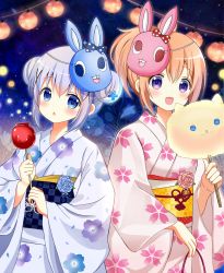 Rule 34 | 2girls, :d, blue eyes, blue flower, blue hair, blue kimono, blue rose, blush, brown hair, candy apple, cherry blossom print, chestnut mouth, commentary request, cotton candy, double bun, fingernails, floral print, flower, food, gochuumon wa usagi desu ka?, hair between eyes, hair bun, highres, holding, holding food, hoto cocoa, japanese clothes, kafuu chino, kimono, long sleeves, mask, mask on head, multiple girls, obi, open mouth, outdoors, parted lips, pink flower, pink rose, print kimono, purple eyes, rabbit mask, revision, rose, ryoutan, sash, side bun, single side bun, smile, white kimono, wide sleeves, yukata