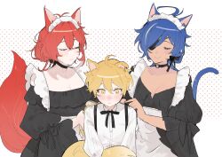 Rule 34 | 1boy, 2girls, aether (genshin impact), ahoge, animal ears, antenna hair, blonde hair, blue hair, blush, bow, bowtie, breasts, cat ears, cat girl, cat tail, choker, cleavage, closed eyes, closed mouth, commentary request, dark-skinned female, dark skin, diluc (genshin impact), dog boy, dog ears, dog tail, eyepatch, frilled skirt, frills, genderswap, genderswap (mtf), genshin impact, highres, kaeya (genshin impact), large breasts, long hair, long sleeves, maid, maid headdress, multiple girls, one eye covered, polka dot, polka dot background, red hair, simple background, skirt, tabibitowayo, tail, white background, wide sleeves, wolf ears, wolf girl, wolf tail, yellow eyes