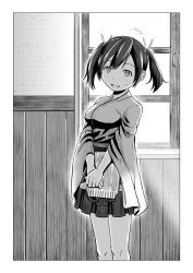 Rule 34 | 10s, 1girl, :d, bomber grape, comic, greyscale, hair ribbon, hakama, hakama skirt, highres, japanese clothes, kantai collection, looking at viewer, monochrome, open mouth, pleated skirt, ribbon, skirt, smile, solo, souryuu (kancolle), sweat, twintails, v arms