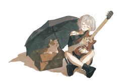 Rule 34 | 1girl, :3, bang dream!, bang dream! it&#039;s mygo!!!!!, black footwear, black shirt, black umbrella, boots, box, cardboard box, cat, character request, closed eyes, closed mouth, commentary, electric guitar, english commentary, full body, grey hair, guitar, highres, holding, holding guitar, holding instrument, holding plectrum, instrument, ochano, off-shoulder shirt, off shoulder, plectrum, rain, shirt, short sleeves, simple background, sitting, solo, umbrella, white background