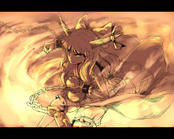 Rule 34 | 1girl, bad id, bad pixiv id, bloomers, bow, chain, female focus, fire, horns, ibuki suika, letterboxed, long hair, monochrome, orange theme, slit pupils, solo, touhou, underwear, wuliao555, yellow eyes, yellow theme