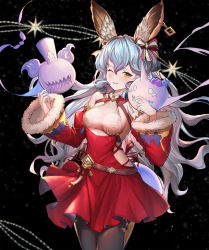 Rule 34 | 1girl, ;d, animal ears, bare shoulders, black background, black legwear, blue hair, blush, bow, christmas, clothing cutout, curly hair, detached sleeves, dress, earrings, erune, ferry (granblue fantasy), ferry (santa minidress) (granblue fantasy), fugee (granblue fantasy), fur-trimmed sleeves, fur trim, ghost, granblue fantasy, hair between eyes, hair bow, highres, jewelry, long hair, long sleeves, nicola (granblue fantasy), ohihil, one eye closed, open mouth, red dress, sideless outfit, single earring, smile, solo, star (symbol), starry background, underboob cutout, very long hair, wide sleeves, yellow eyes
